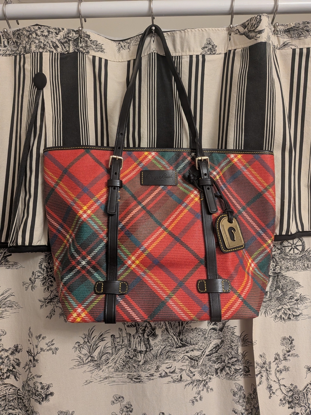 Dooney & Bourke Red Plaid Tote with Black Trim
